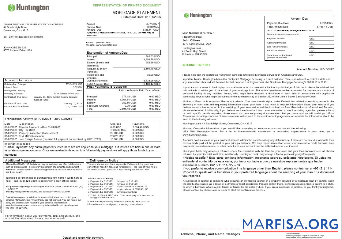 Realistic USA Ohio Huntington bank mortgage statement in Word and PDF formats, 3 pages 1 2 download for verification